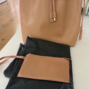 Vince Camuto Tan and Pink Bucket Bag and Pouch Set